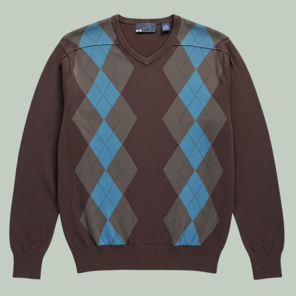 Vintage Hobie Argyle Sweater Size M Brown Blue 100% Cotton Preppy Y2K Skate